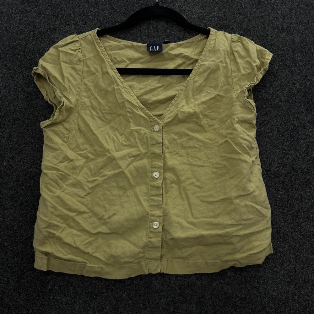 GAP Beige Linen Blend V-Neck Button Front Cap Sleeve Blouse XS